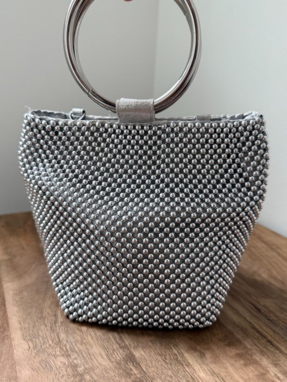 JESSICA MCCLINTOCK Gwen Silver Ball Mesh Ring Wristlet Pouch Crossbody Bag